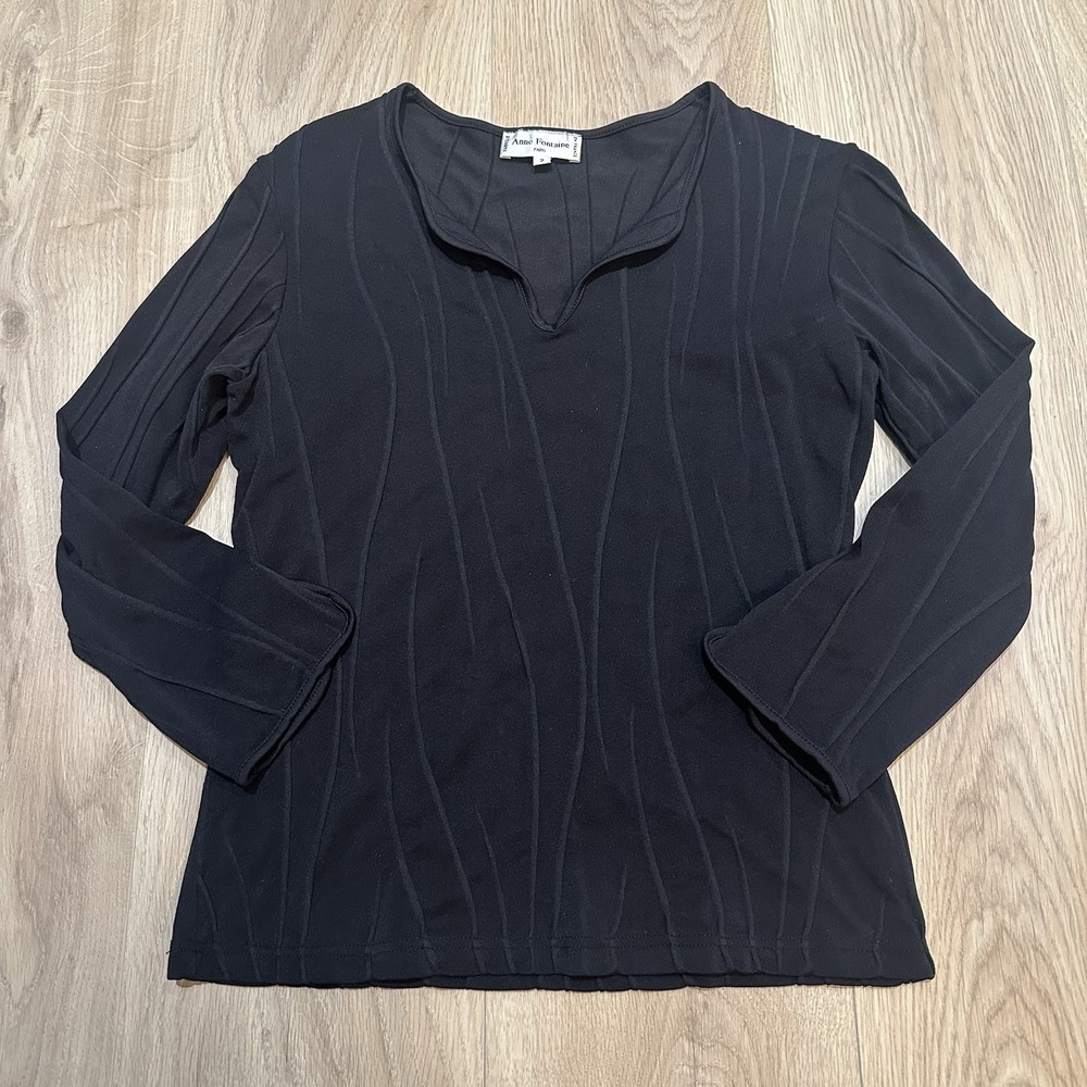 Anne Fontaine Chena Vintage Blouse Black Textured 3/4 Sleeve Size 3‎ EUC